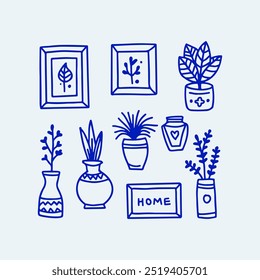 Hand-drawn illustration of vases, potted plants, and home decor frames. Blue outlines on light background. Ideal for interior decoration, home design, and botanical themes.