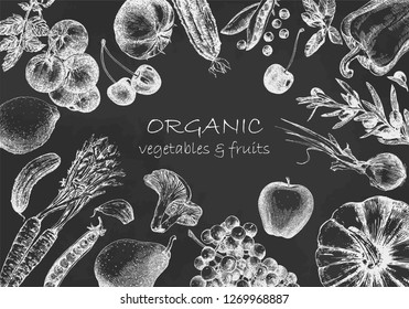 Hand-drawn illustration of vegetables and fruits. Vector