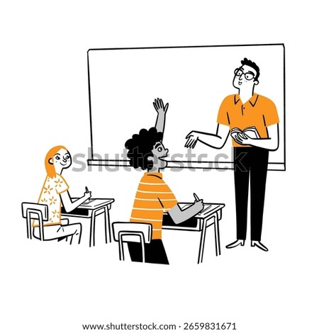 A hand-drawn illustration of a vibrant classroom scene. A male teacher stands by a whiteboard while a female student raises her hand to ask a question. 