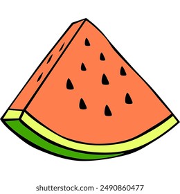 Hand-drawn illustration of a vibrant watermelon slice with seeds. Ideal for summer-themed designs, food blogs, and culinary content