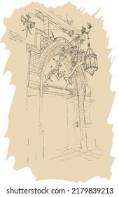 Hand-drawn illustration of a vintage arch with a street lamp. Fragment of the old city, detailed pencil drawing. Design element, postcard, t-shirt design