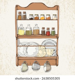 Hand-drawn illustration of a vintage-style wooden kitchen wall shelf with jars of spices, cereals, plates and suspended cups on a light textured background.