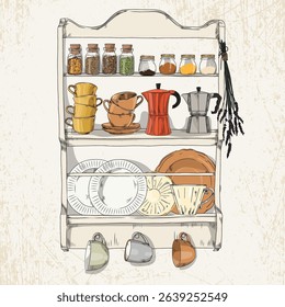 Hand-drawn illustration of a vintage-style wooden kitchen shelf on the wall with spice jars, a coffee pot, plates and hanging cups on a light textured background.