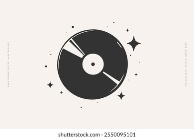 Hand-drawn illustration of a vinyl record with surrounding stars, symbolizing music in a cosmic setting. Simple, modern, and ideal for retro or music-themed designs.