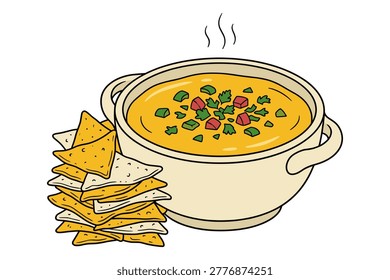 Hand-drawn illustration of warm queso with red and green garnishes, ideal for snack, party, or mexican food concepts.