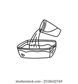Hand-drawn illustration of water being poured from a cup into a bowl. Concept of hydration, refreshment, cooking, cleaning, and gardening.