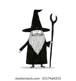 Hand-drawn illustration of a whimsical wizard character with a tall hat and staff, perfect for fantasy-themed projects, children's books, or magical storylines