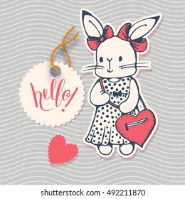 Hand-drawn illustration. White Bunny with red bag and hand lettering "Hello!" Vector