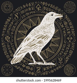 Hand-drawn illustration with a white wise Raven or Crow in retro style. Vector banner with mysterious symbols, occult signs and magic runes written in a circle on a black background