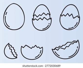 Handdrawn illustration of whole and cracked eggshells in different stages of hatching process