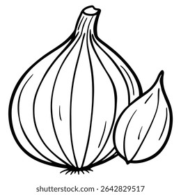 A hand-drawn illustration of a whole onion and a peeled onion segment. Simple black and white line art, perfect for coloring books, cookbooks, or educational materials.