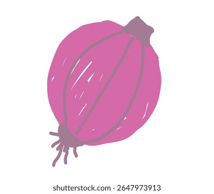 Hand-drawn illustration of a whole red onion with roots and stem cap in purple tones on white background.