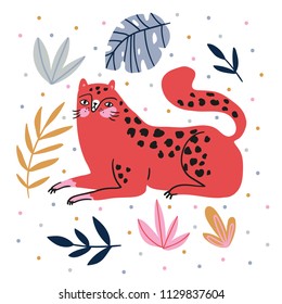 Hand-drawn illustration with wild cat and tropical leaves on the polka dots background - for home decor, t-shirt print, poster, greeting card. Creative cute vector illustration with leopard. 