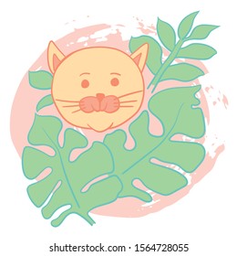 Hand-drawn illustration with wild cat and tropical leaves on the polka dots background - for home decor, t-shirt print, poster, greeting card. Creative cute vector illustration with leopard.