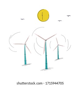 Hand-drawn illustration of wind farms with moon and flying birds. Environmentally friendly, green energy production. Vector isolated on white. Flat. Doodley.