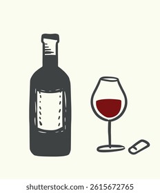 Hand-drawn illustration of a wine bottle, a glass filled with red wine, and a cork. Minimalist and cozy sketch style for food and drink designs.