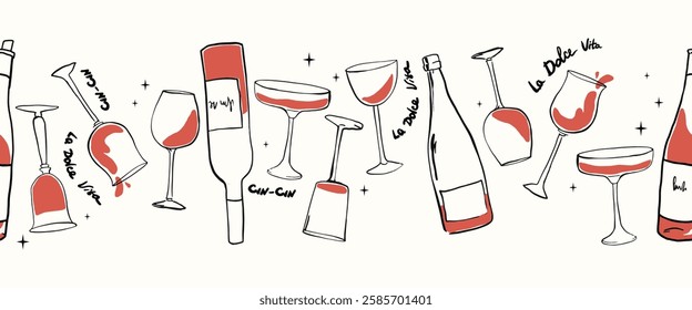 Hand-drawn illustration of wine bottles and glasses. A seamless horizontal pattern featuring "la dolce vita" doodles, perfect for kitchen design and textiles. Ideal for wine-themed decor and products.