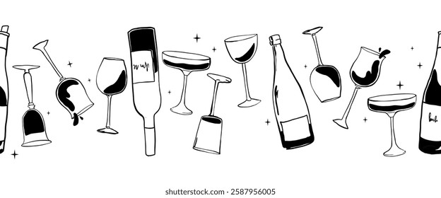 Hand-drawn illustration of wine bottles and glasses. A seamless horizontal pattern  doodles, perfect for kitchen design and textiles. Ideal for wine-themed decor and products.