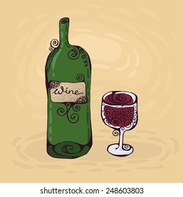 The hand-drawn illustration of the wineglass and bottle of wine. 