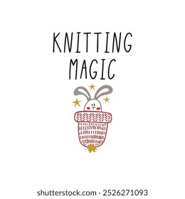 Handdrawn illustration of a winter hat and lettering knitting magic. Card design.