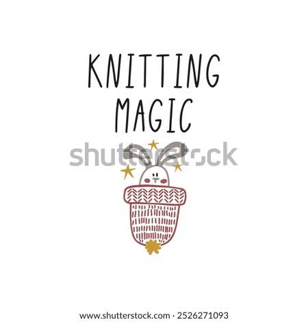 Handdrawn illustration of a winter hat and lettering knitting magic. Card design.