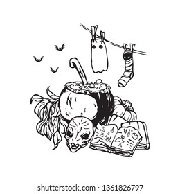 Hand-drawn illustration with witch cauldron, skull, spell book, pumpkin and bats. Vector.