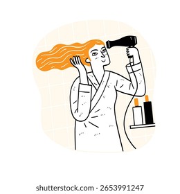 A hand-drawn illustration of a woman in a bathrobe using a hairdryer. This image is perfect for content about morning routines, self-care, beauty regimens, and personal grooming in a bathroom setting.