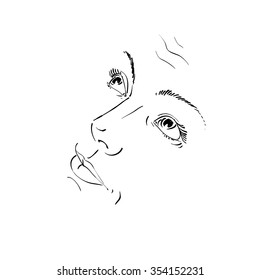 Hand-drawn illustration of woman face, black and white mask with emotions. Features of beautiful girl feel sorry about something, posing for portrait. Blameworthy naive girl.