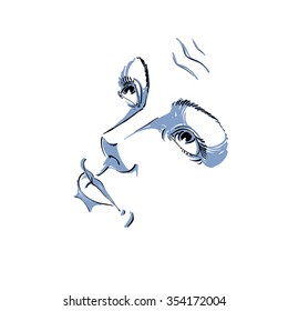 Hand-drawn illustration of woman face, black and white mask with emotions. Features of beautiful girl feel sorry about something, posing for portrait. Blameworthy naive girl.