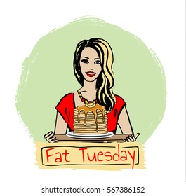 Hand-drawn illustration of woman with pancakes for Fat Tuesday