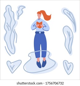 Hand-drawn illustration of a woman reading a book. A girl with a book, in a circle of trees. Walk in the Park with a book. Life after the Covid19 pandemic