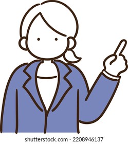 A hand-drawn illustration of a woman in a suit explaining something while pointing a finger that can be used in various situations such as meetings, briefings, and schools.