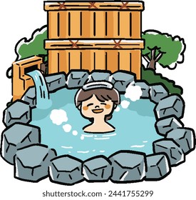 Hand-drawn illustration of a woman taking an open-air bath