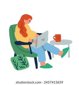 Hand-drawn illustration of a woman using a computer in the living room