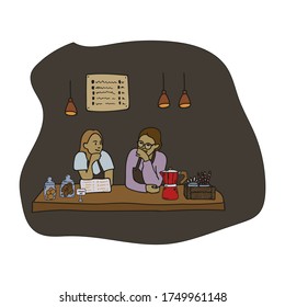 Hand-drawn illustration of women working in a cafe. They talk and laugh. Vector illustration of coffee maker, cookie jar, menu, lamps. The concept of support for small businesses and a poster of a