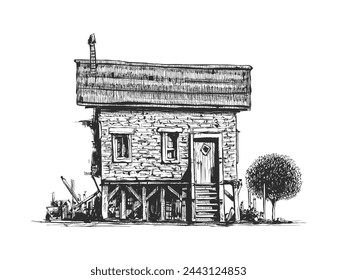 Hand-drawn illustration of a wooden cabin and a single tree, showcasing a quaint, rural charm