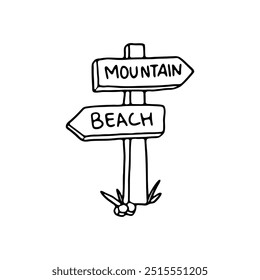 hand-drawn illustration of a wooden signpost pointing to "Mountain" and "Beach."