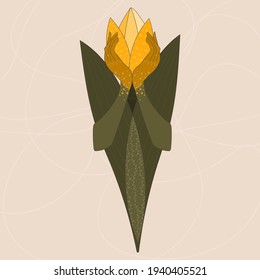 A hand-drawn illustration of a yellow tulip with hands in vector format 
