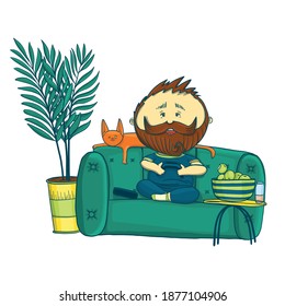 Hand-drawn illustration of a young man playing a game on a console at home, next to a cat; design of posters, postcards, textile print
