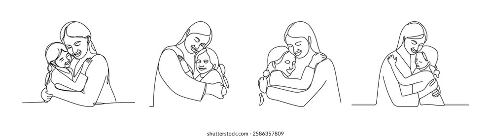 A hand-drawn illustration of a young mother embracing her child, symbolizing a loving family, for International Mother's Day. Big collection.