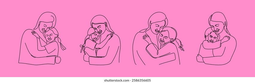 A hand-drawn illustration of a young mother hugging her child, symbolizing a warm and happy family, specially drawn for Mother's Day.
