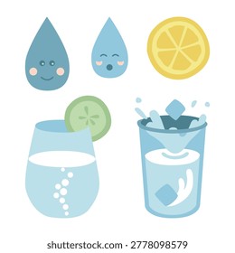 Hand-drawn illustrations about drinking water benefit, glasses of water with lemon, cucumber, splash and cute cartoon water drops
