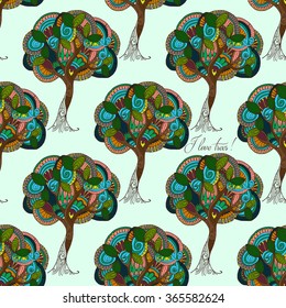 Hand-drawn illustrations. Abstract colored trees. I love trees. Seamless pattern.