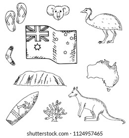 Hand-drawn illustrations of Australia. Set of Australian sketches. Australia travel collection. Vector cartoon doodles. Isolated objects on a white background.