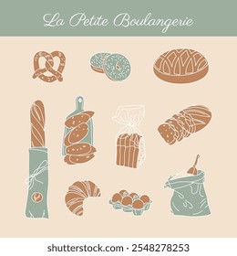 Handgezeichnete Illustrationen von Baguettes, Brot, Brötchen, Croissants, Brezeln, Mehl und Eiern. Perfekt für Menüs, Branding, Verpackungen und Social Media von Bäckereien und Cafés. Die Kunst des Backens feiern