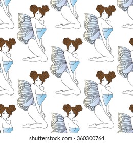 Hand-drawn illustrations. Beautiful girl with butterfly wings. Cute virgin girls. Seamless pattern. svg
