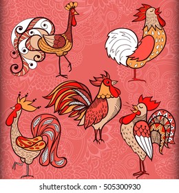 Hand-drawn illustrations of birds. Drawings of five cocks. Vector illustration.