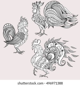 Hand-drawn illustrations of birds. Drawings of three roosters. Vector illustration.