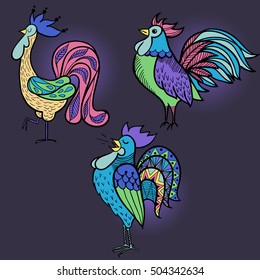 Hand-drawn illustrations of birds. Drawings of three roosters. Vector illustration.