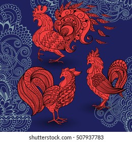Hand-drawn illustrations of birds. Drawings of three roosters. Vector illustration.